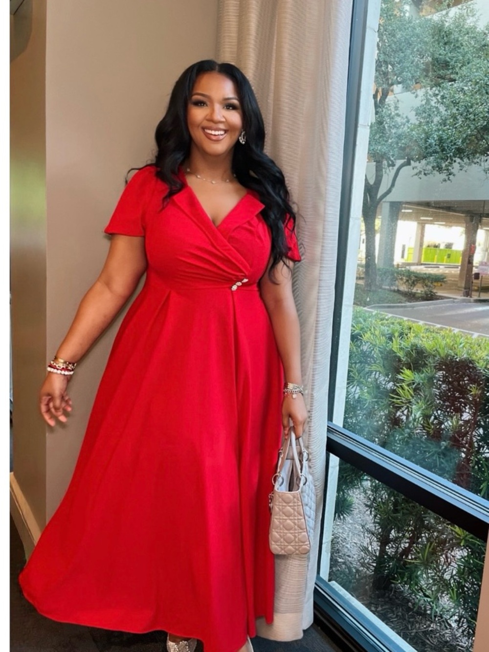 SHEIN Red Wrap-Front Short Sleeve Maxi Dress with Waist Buttons